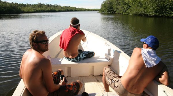 Guests taking a boat through a quiet mangrove channel