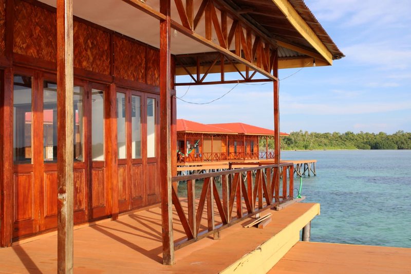 The restaurant deck and wooden overwater buildings
